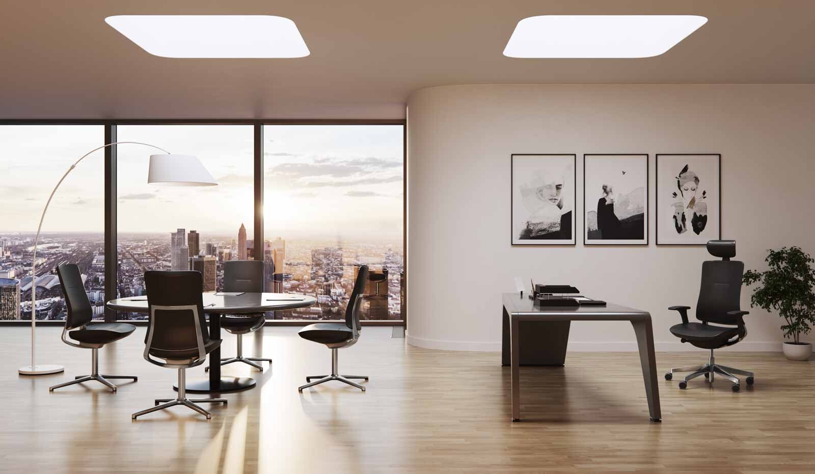 Bild eines hochwertigen Chef-Büros in einem Hochhaus mit hochwertiger Büroausstattung und einem Chefsessel